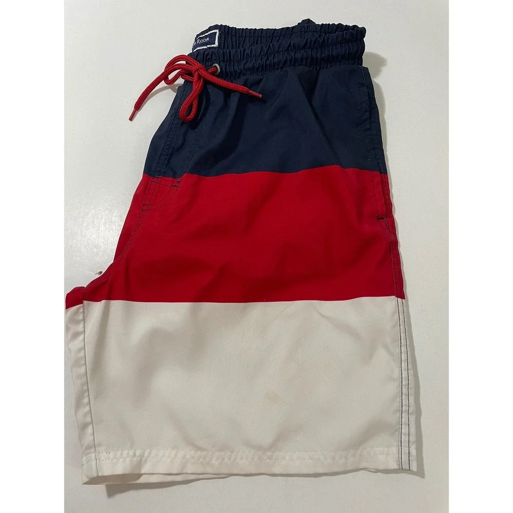 Club Room Mens Colorblock Swim Trunks Navy Blue Red White Mesh Lined Medium
